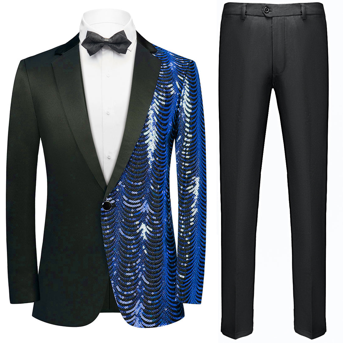 Tuxedo Action Men's 2-Piece Blue Sequin Water Ripples Black Suit, Blue / 1*Jacket + 1*Pants / 36R Tuxedo Action Men's 2-Piece Blue Sequin Water Ripples Black Suit, Blue / 1*Jacket + 1*Pants / 36R
