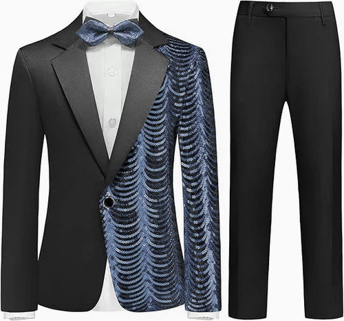 Boy's 2-Piece Silver Sequin Water Ripples Black Dress Boy's 2-Piece Silver Sequin Water Ripples Black Dress