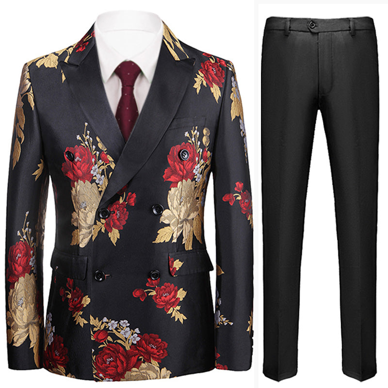 open lace back dress Tuxedo Action Men's 2-Piece Red and Gold Peony Embroided Black Suit, Black / 1*Jacket + 1*Pants / 42r