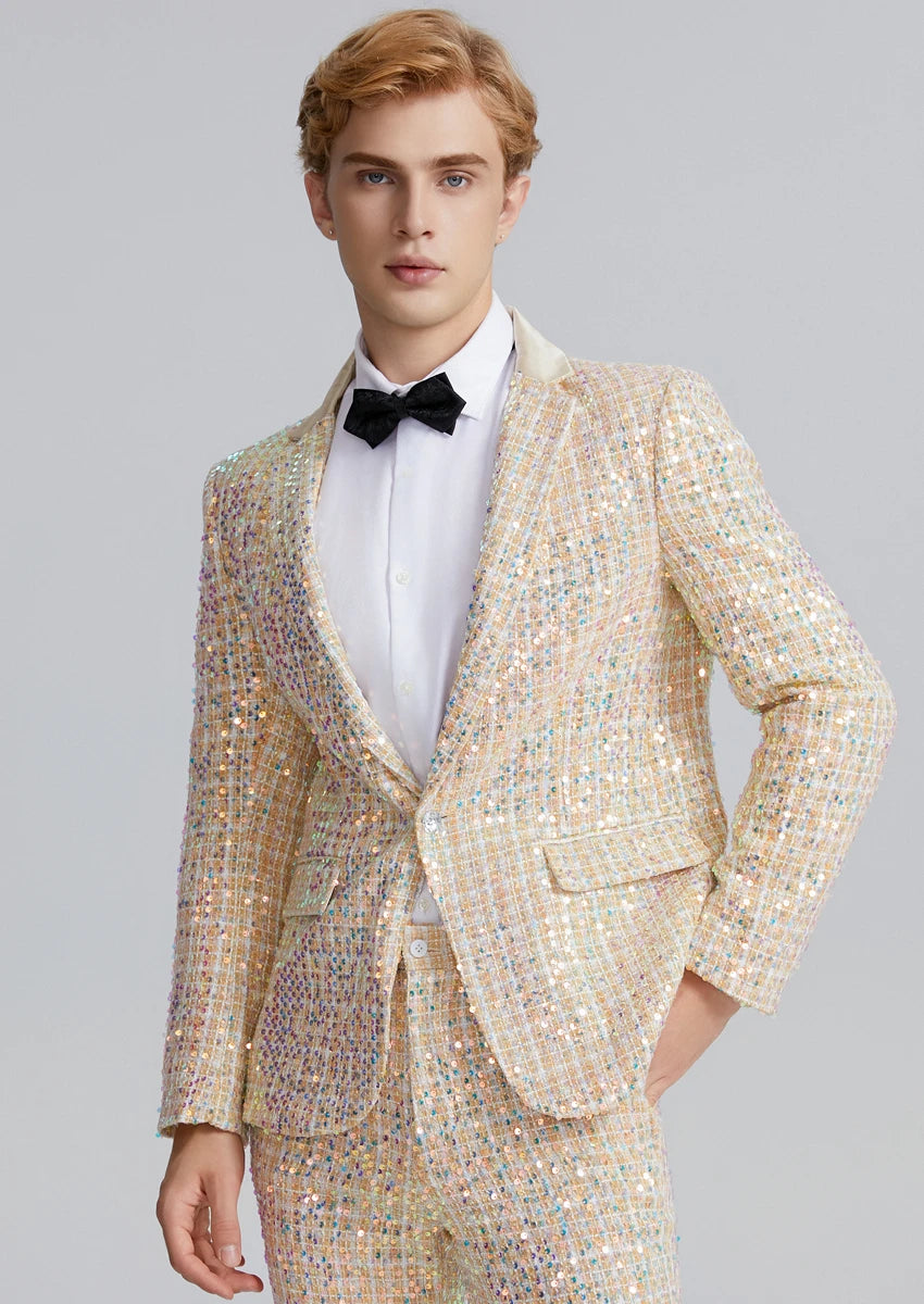 Men's 2-Piece Linen Sparkle Gridline Champagne Suit