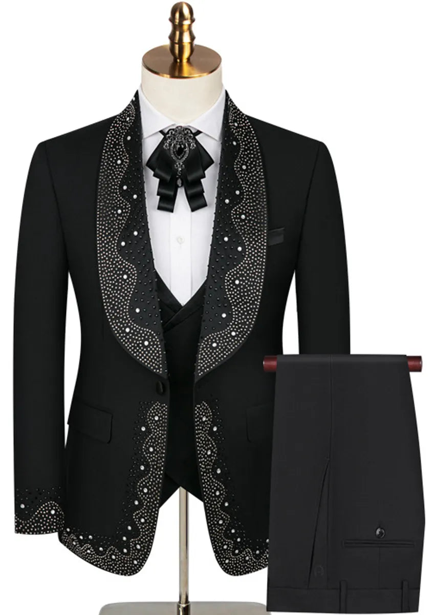 Men's 3 Piece Stone Designed White Tuxedo