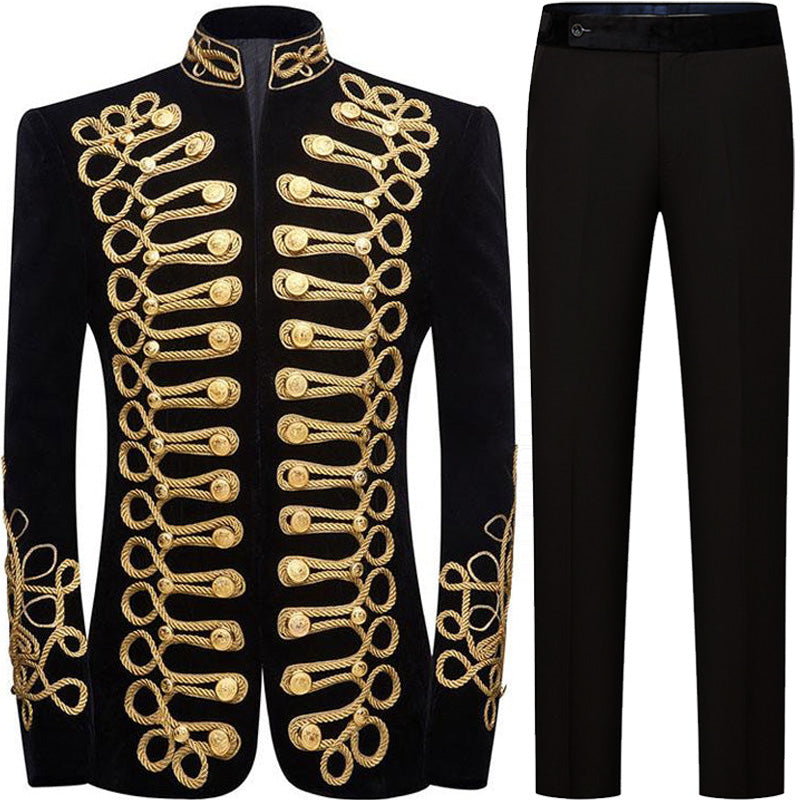 Men s Gold Aigillette Decorated Mandarin Collar Black Jacket