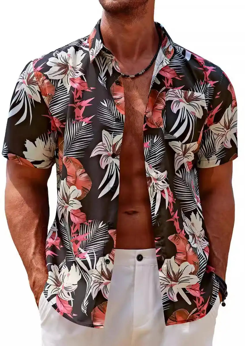 Men's Red Floral Print Short Sleeve Shirt with Turn-down Collar