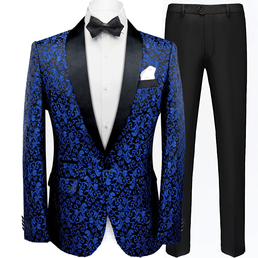 Men's 2-Piece Jacquard Embroidery Paisley Navy Blue Suit