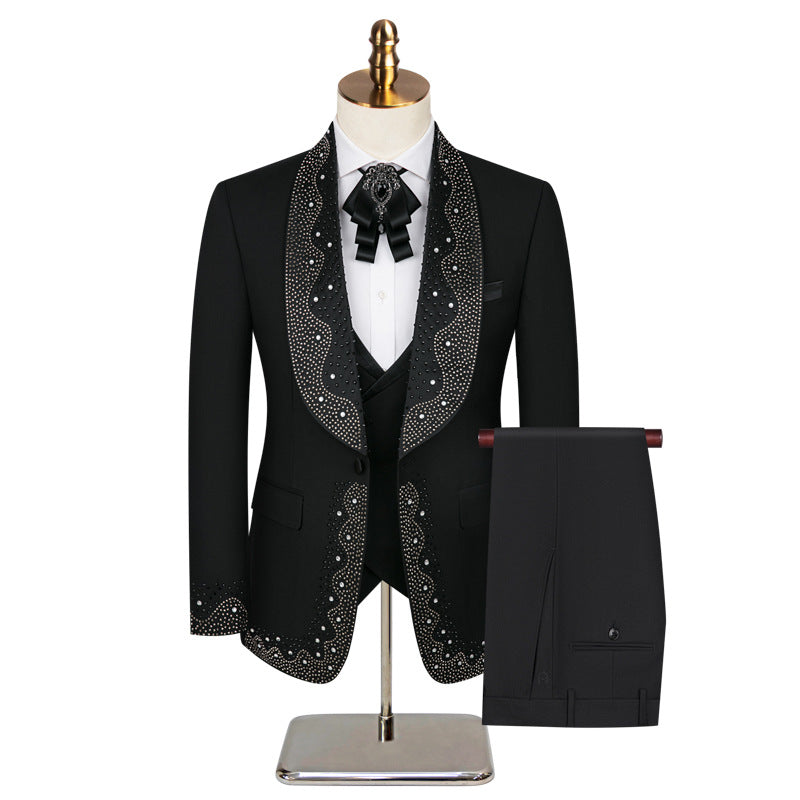 MANZINI ENZO 3-Piece Slim-Fit Men's Fancy Rhinestone Woven Pattern Suit Black/Royal