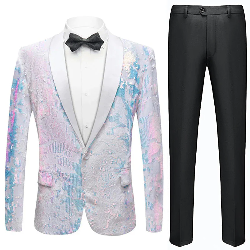 Men s Slim Fit Tuxedo Jacket Embroidery Sequin Jacket White