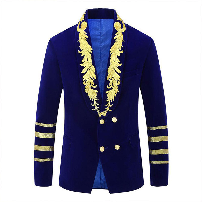navy blue dress coat mens Tuxedo Action Men's Gold Floral Embroided Collar Court Style Navy Blue Jakcet, Gold Blue / 42R