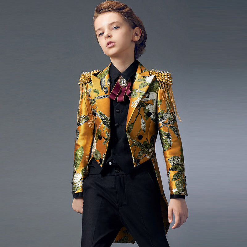 Boy's 3-Piece Suit Embroidered Tuxedo Swallowtail Yellow