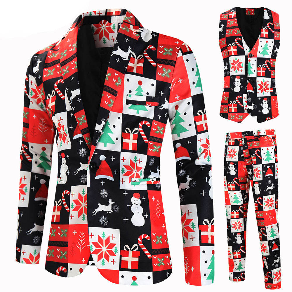 Navy Snowmen Printed 3 Pieces Men's Christmas Suits main image 0