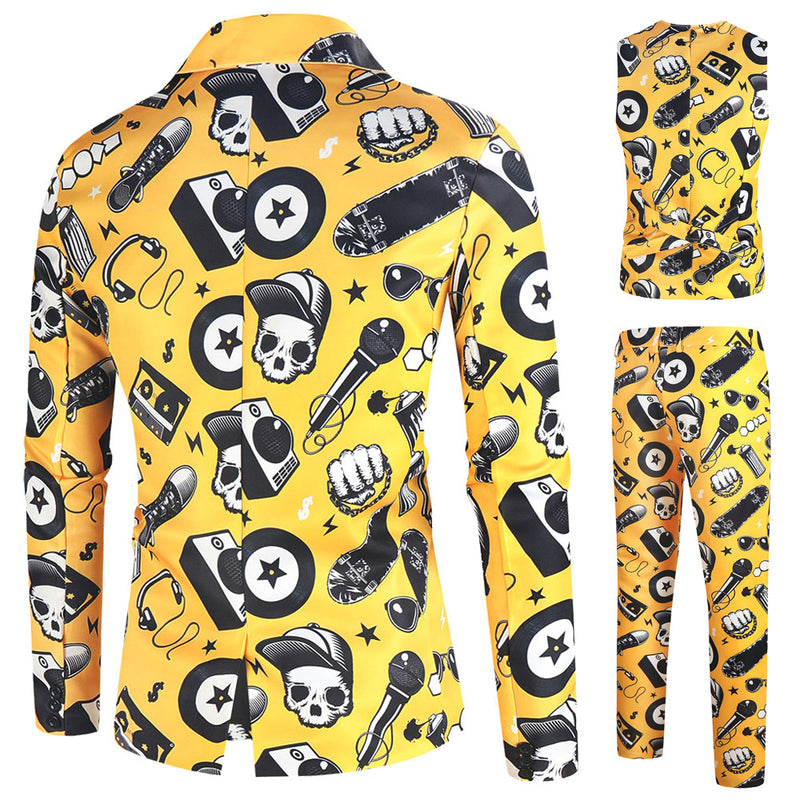 Men's Fashionable Music Festival Suit Vibrant Yellow Skull Patterned