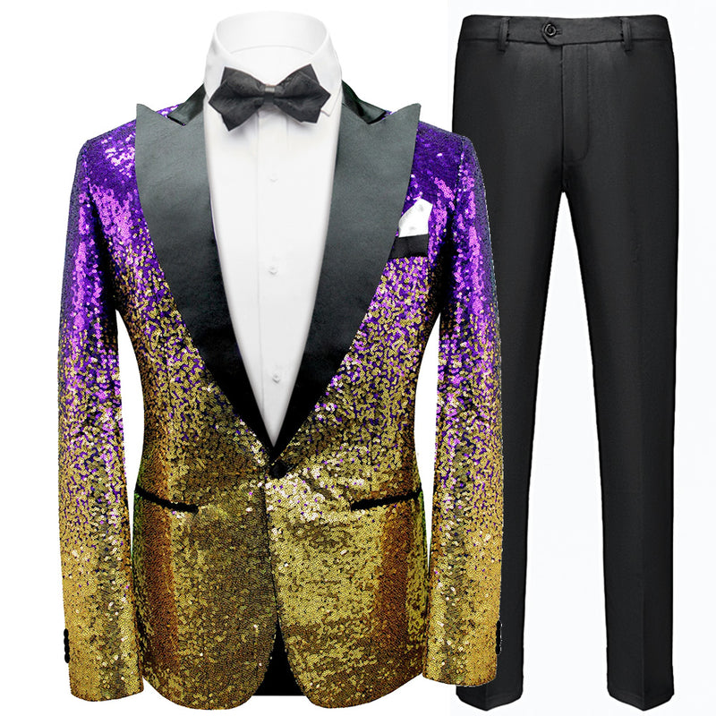 Men's Shimmering Gradient Sequin Tuxedo Jacket Gold Purple