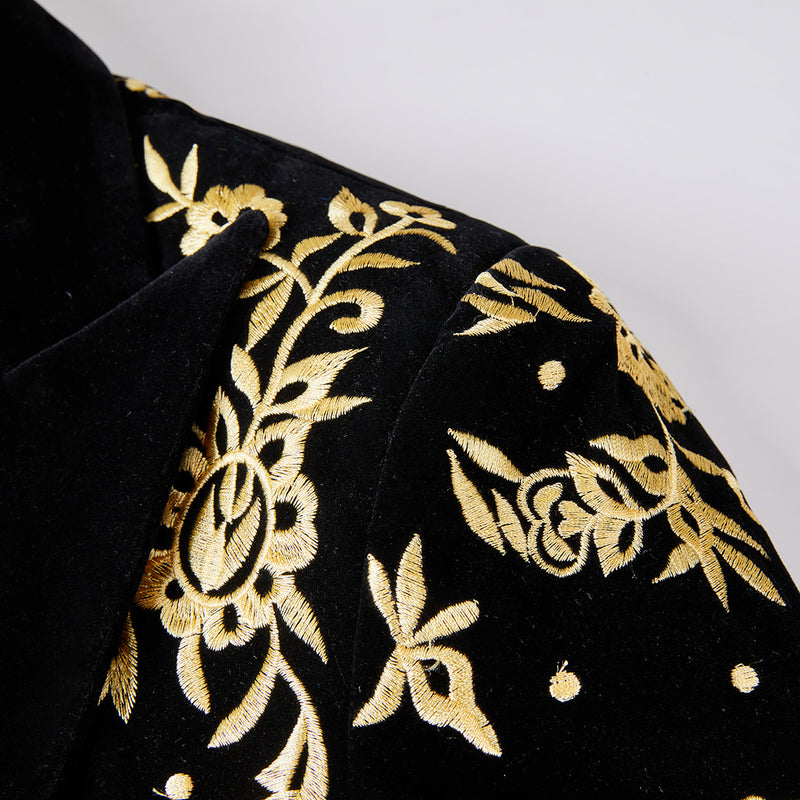 Men's Luxury Gold Floral Embroidered Black Velvet Tuxedo