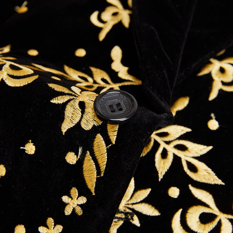 Men's Luxury Gold Floral Embroidered Black Velvet Tuxedo