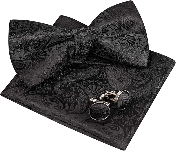 Men's Black Paisley Cashew Flower Bow-tie Cuff Pocket Towel