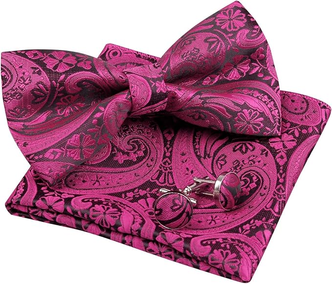 Men's Magenta Paisley Cashew Flower Bow-tie Cuff Pocket Towel