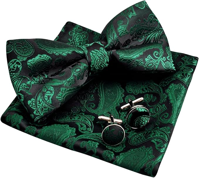 Men's Green Paisley Cashew Flower Bow-tie Cuff Pocket Towel