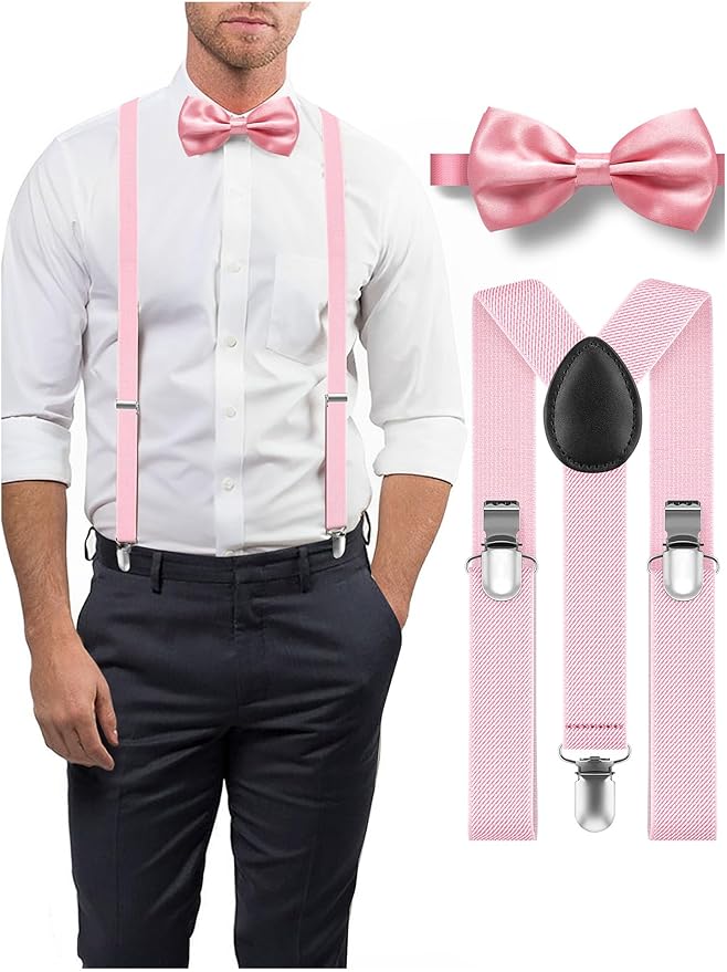 Men's Classic Pink Bow Tie & Suspenders Set