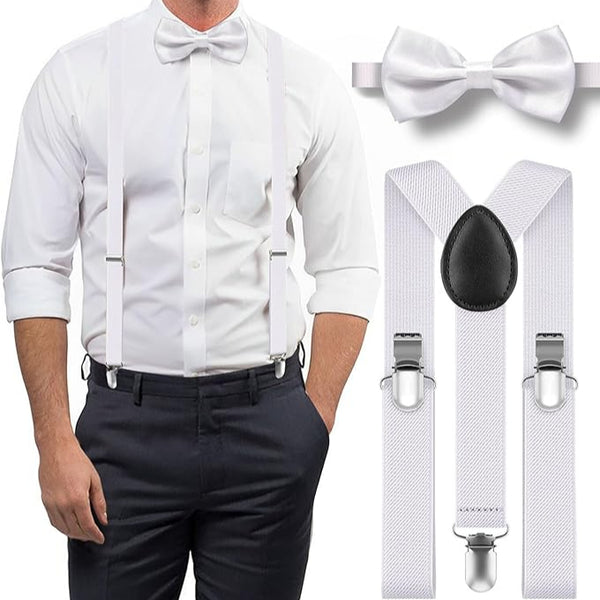 White Suspenders & Bow Tie Combo Set – Unisex Adjustable – Wedding Formal Prom