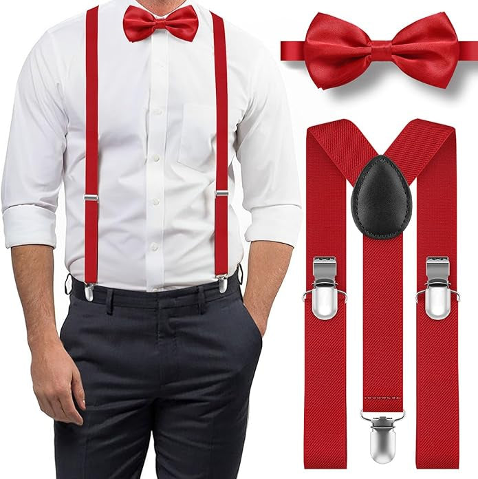 Men's Classic Red Bow Tie & Suspenders Set