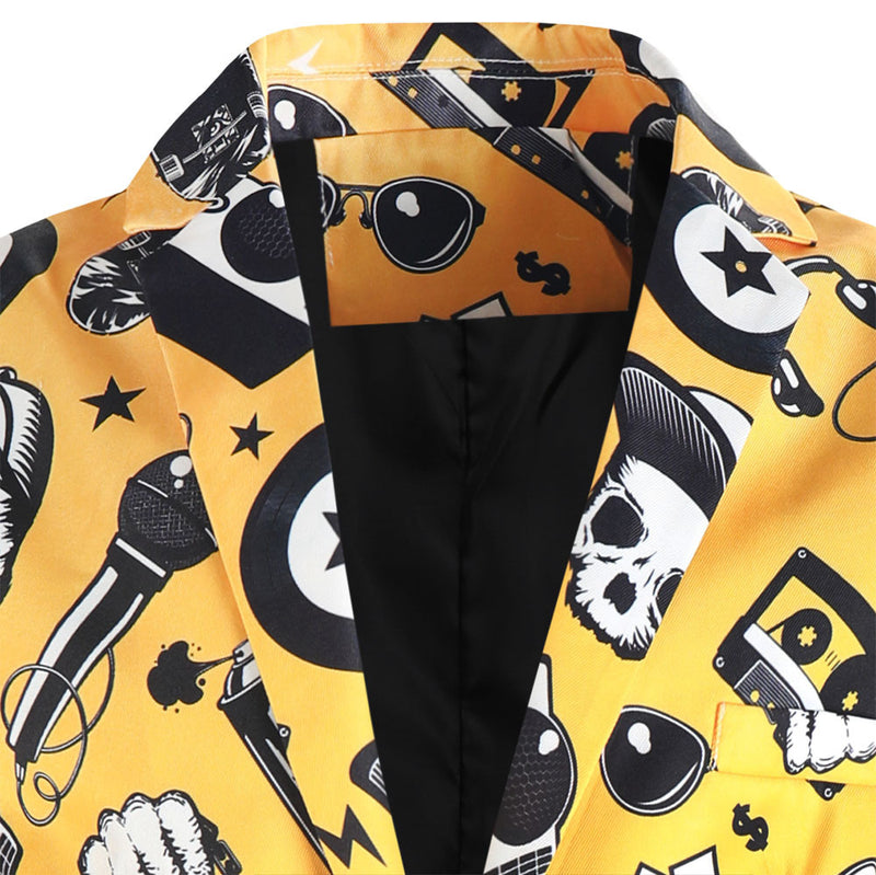 Men's Fashionable Music Festival Suit Vibrant Yellow Skull Patterned
