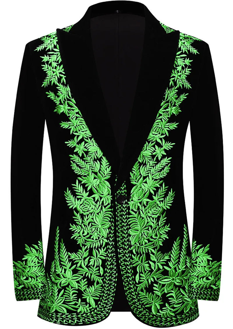 Men's Luxury Green Embroidered Black Velvet Tuxedo