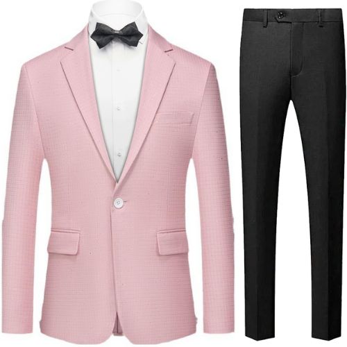 Men's 2-Piece Single-Row Sequin Embellished Plaid Pink Suit