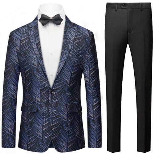 Men's 2-Piece One-Button Willow Leaf Jacquard Navy Suit