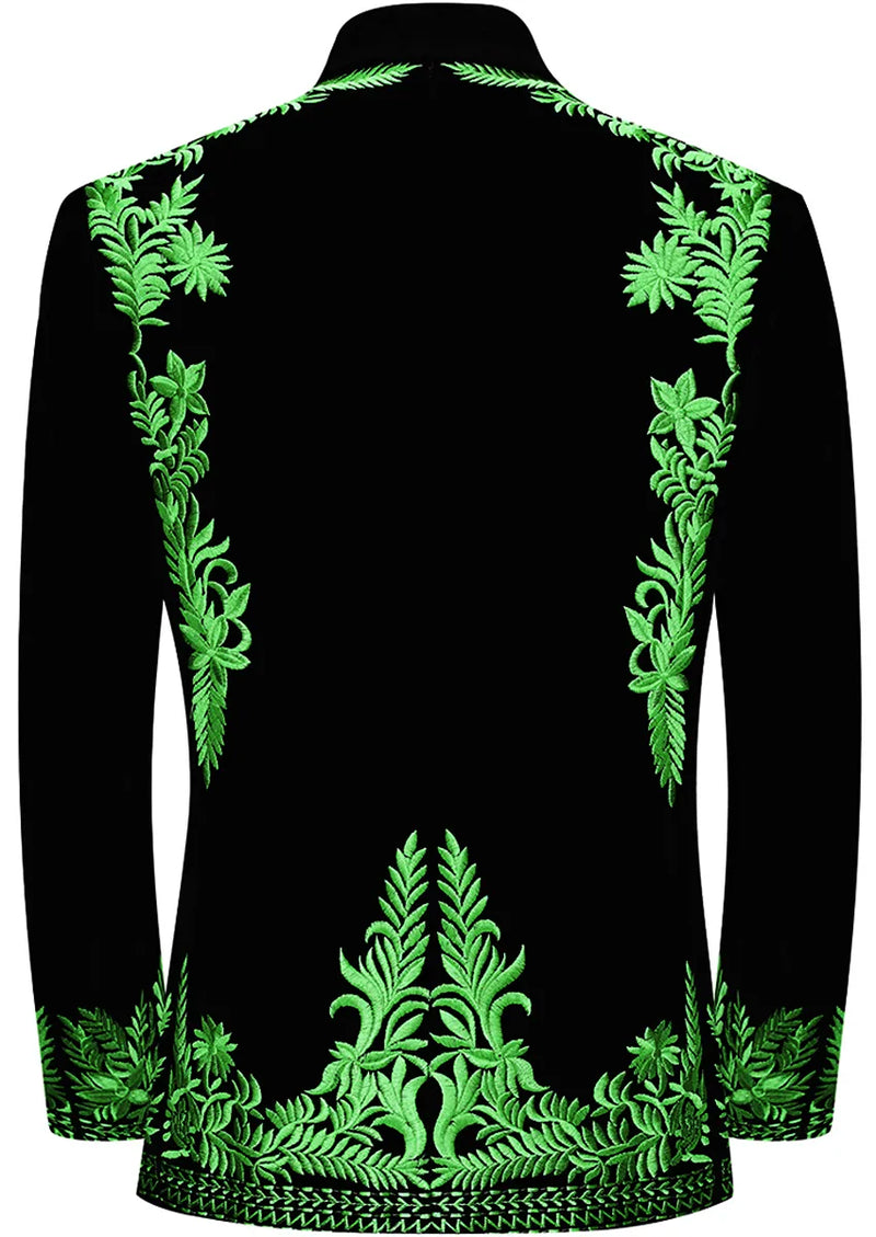 Men's Luxury Green Embroidered Black Velvet Tuxedo