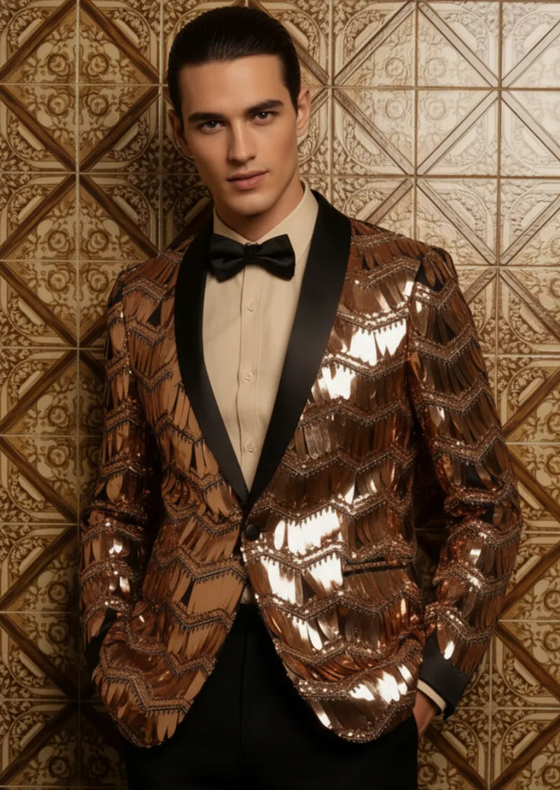 Esmoquin de oro rosa con borlas y lentejuelas con flecos para hombre