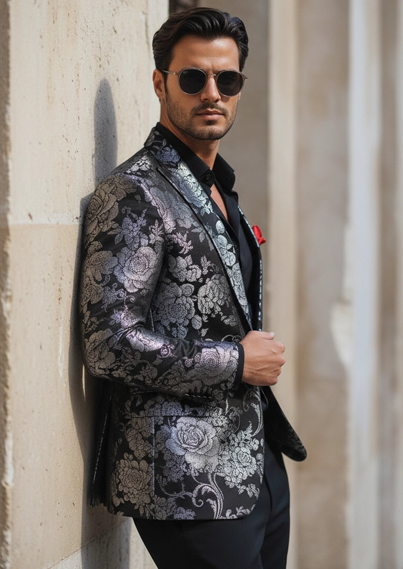 Blazer negro con jacquard de peonías plateadas para hombre