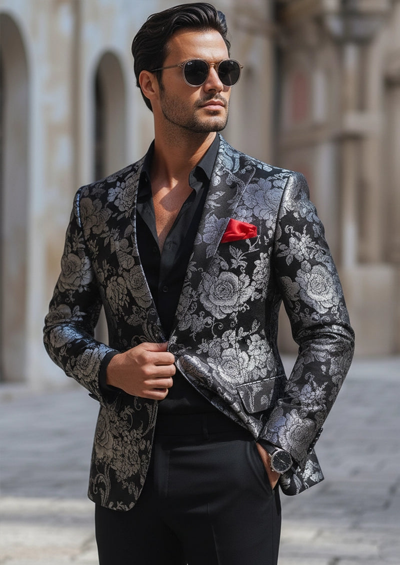 Blazer negro con jacquard de peonías plateadas para hombre