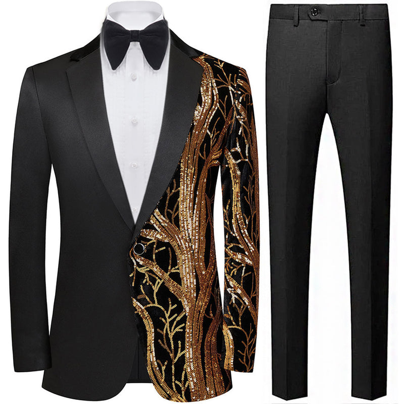 Men's 2-Piece Suit Gold Sequin Branches Black Tuxedo