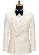 Slim Fit Micro-Textured Ivory White Crystal Double-Breasted Suit (2-Piece)