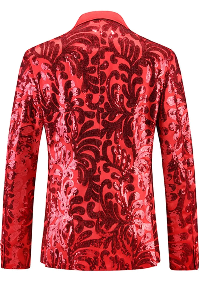 Men's Red Sequin Paisley Embroidered Suit Jacket with Flat Notch Lapel