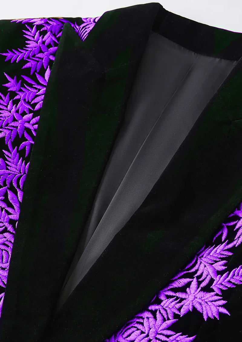 Men's Luxury Purple Embroidered Black Velvet Tuxedo