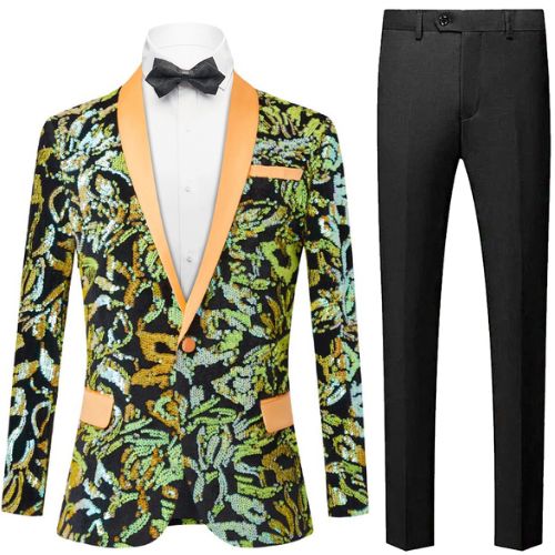 Men's One-Button Striped Sequin Yellow Tuxedo