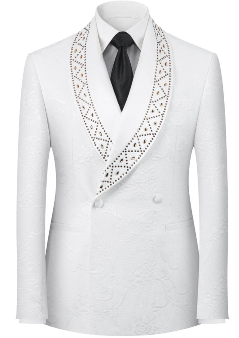 Men’s White 2-Piece Jacquard Embroidered Tuxedo Set with Diamond Shawl Collar