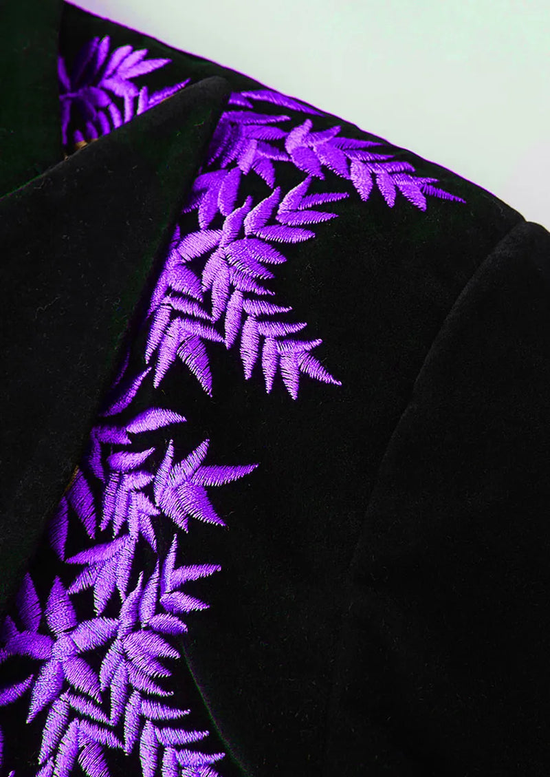 Men's Luxury Purple Embroidered Black Velvet Tuxedo