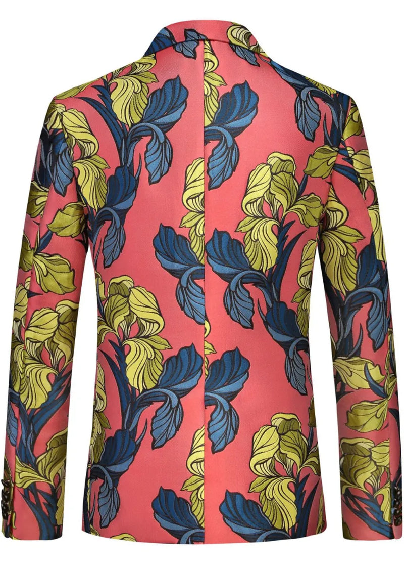 Men's Floral Jacquard Red Suit Jacket with One Button