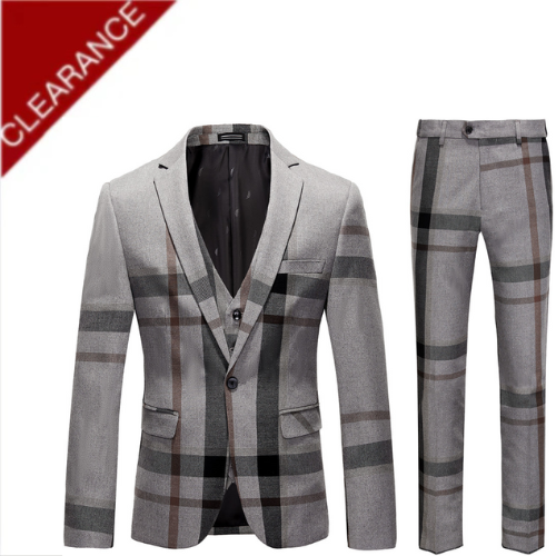 Men's 3-Piece Modern Plaid Design Light Gray Tuxedo