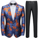 Men's Fashion Orange Flower Embroidered Royal Blue Tuxedo