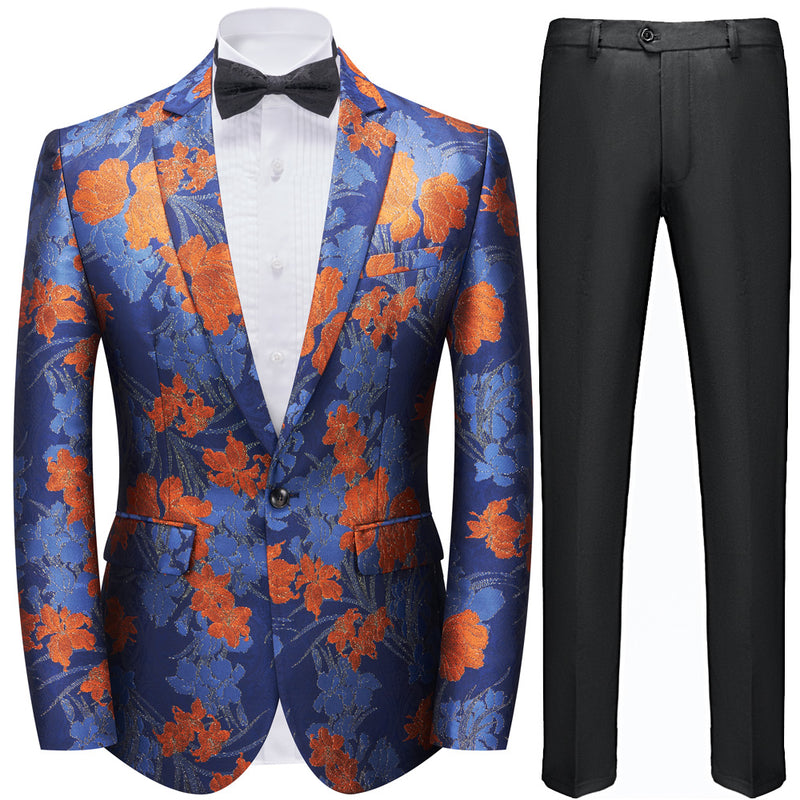 Men's Fashion Orange Flower Embroidered Royal Blue Tuxedo