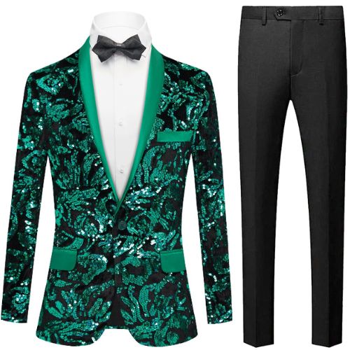 Men's One-Button Striped Sequin Green Tuxedo