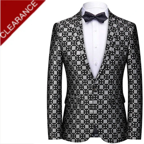 Men's Peak Lapel Woven Black and Silver Plaid Tuxedo