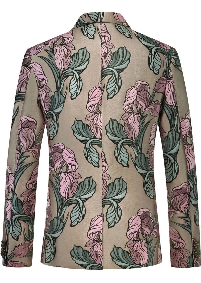 Men's One-Button Floral Jacquard Pink Suit