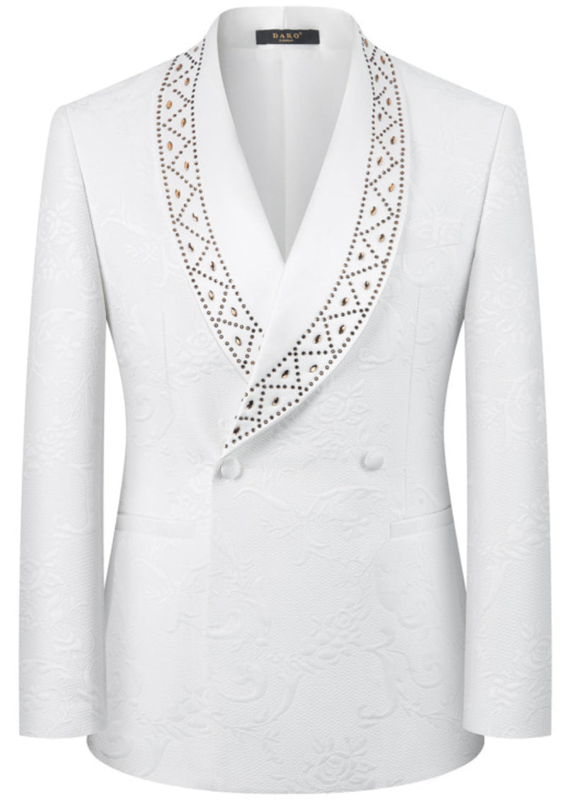 Men’s White 2-Piece Jacquard Embroidered Tuxedo Set with Diamond Shawl Collar