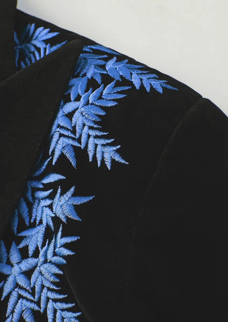 Men's Luxury Navy Embroidered Black Velvet Tuxedo