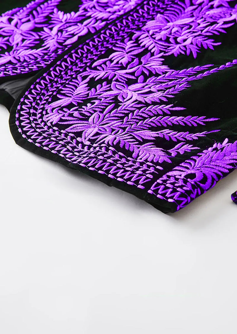 Men's Luxury Purple Embroidered Black Velvet Tuxedo