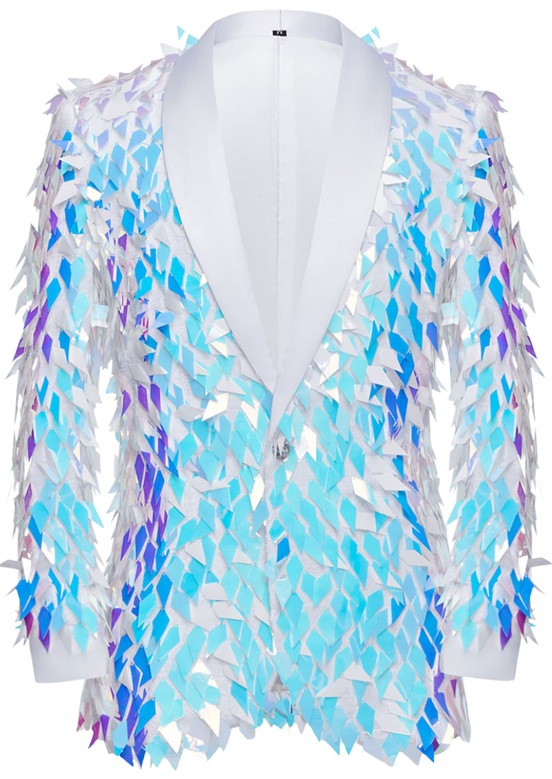 Men's One-Button Geometric Sequin Light Blue Tuxedo