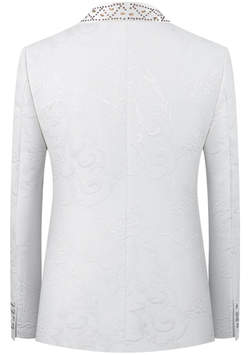 Men’s White 2-Piece Jacquard Embroidered Tuxedo Set with Diamond Shawl Collar